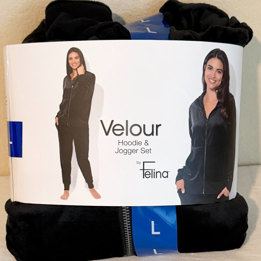 Felina Women's Velour Track Suit Size L Black Soft Loungewear Relax Fit (NEW)